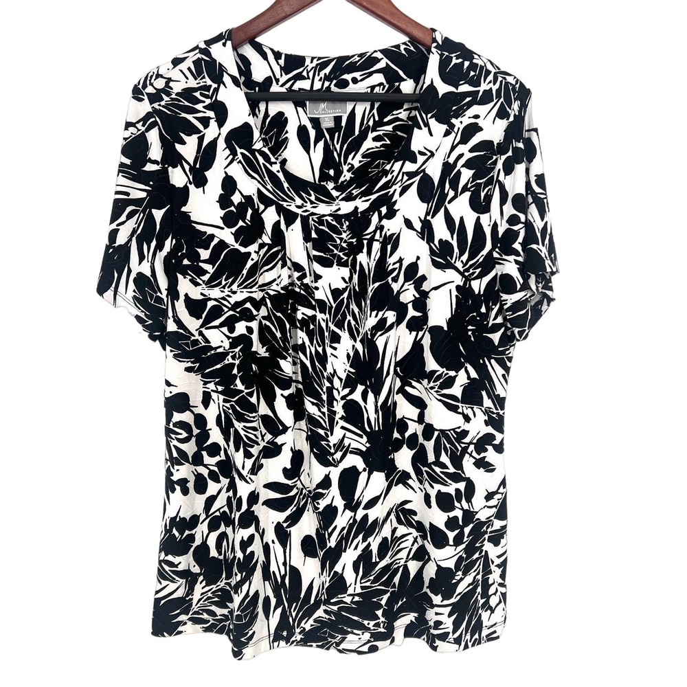 JM Collection Womens Size XL Stretchy Short Sleeve Blouse Shirt Top Black White